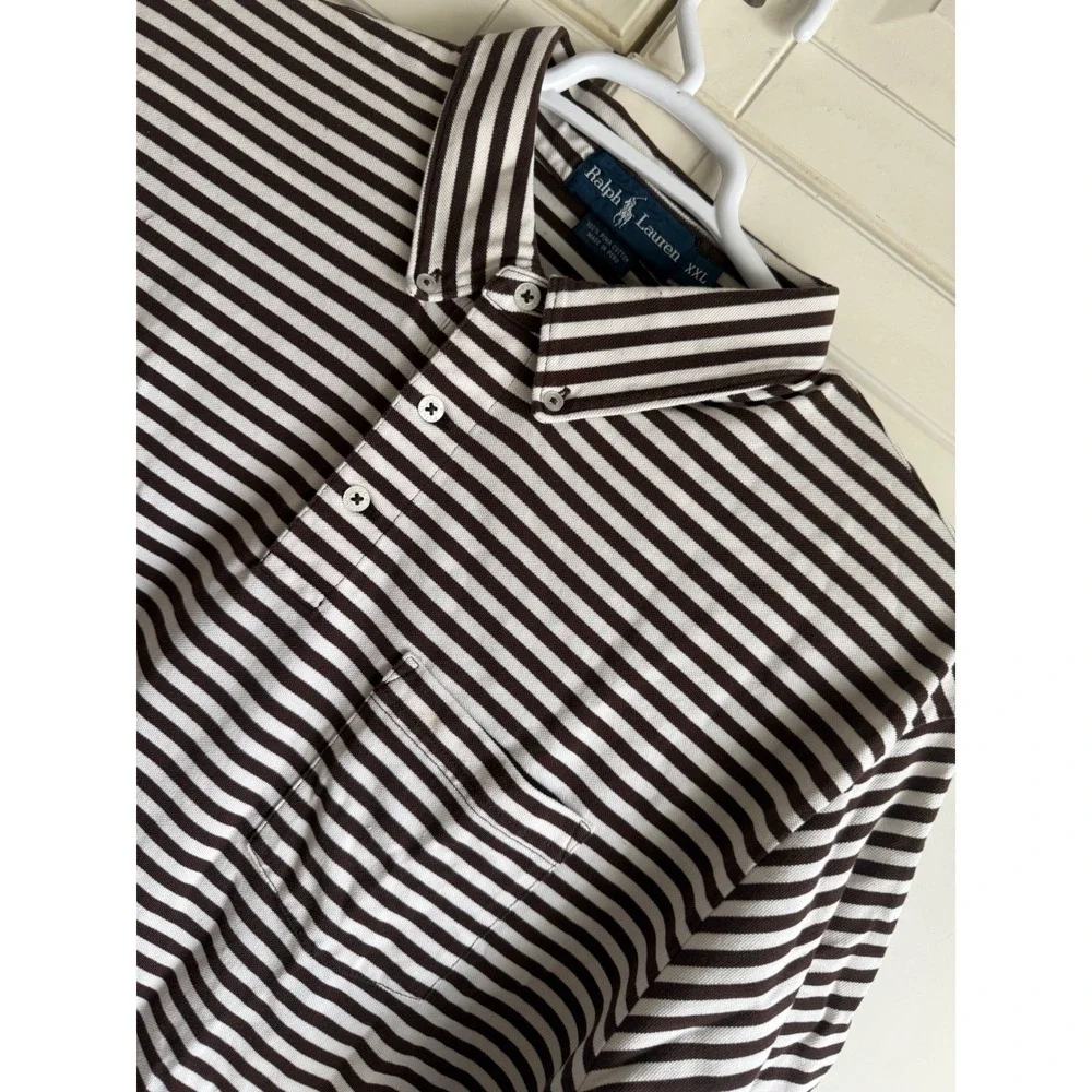 Ralph Lauren Brown White Striped Pima Cotton Polo Shirt Mens XXL Pocket Logo